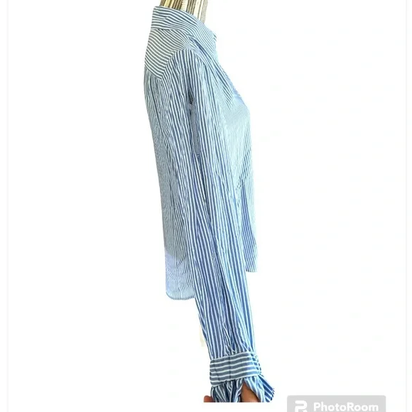 ATTITUDES by Renée Button Down Open Sleeve Ruffle Cuff Shirt, Blue stripe, Sz S - Picture 2 of 4